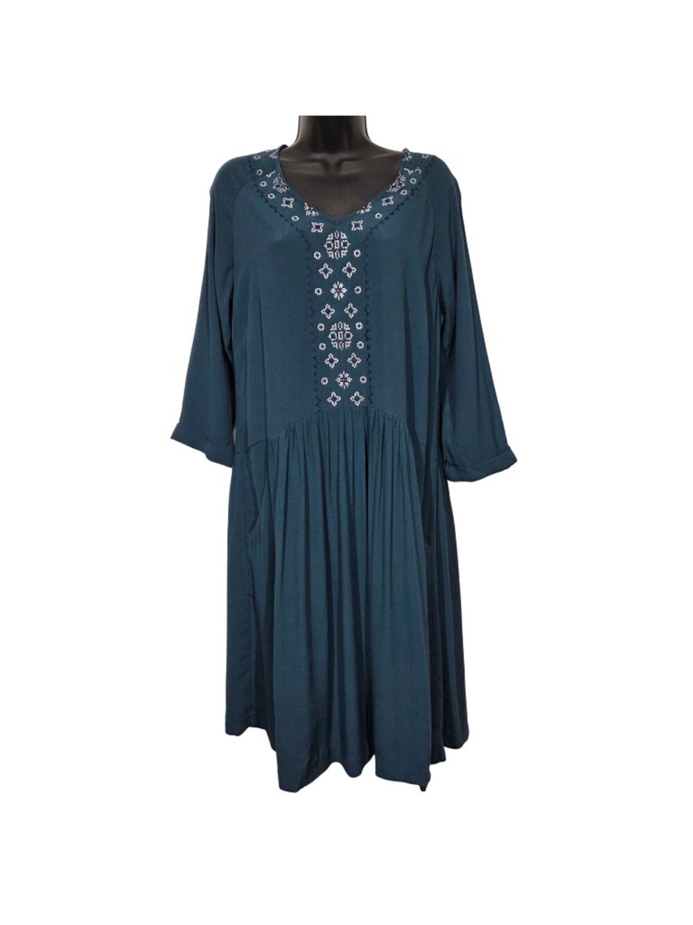 Garnet Hill Dress 8 Teal Green Embroidered Boho Cottagecore Lightweight Midi